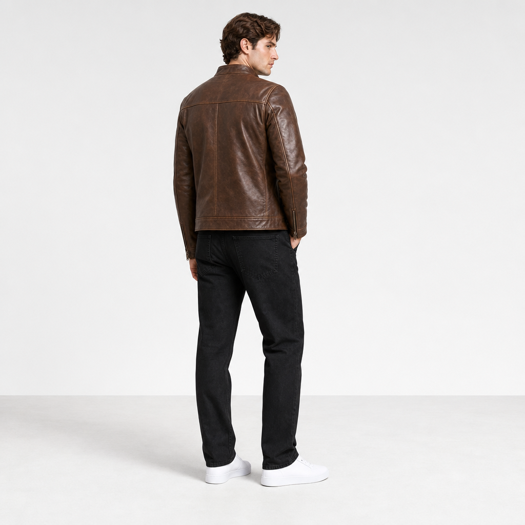 Veste cuir marron usée dos