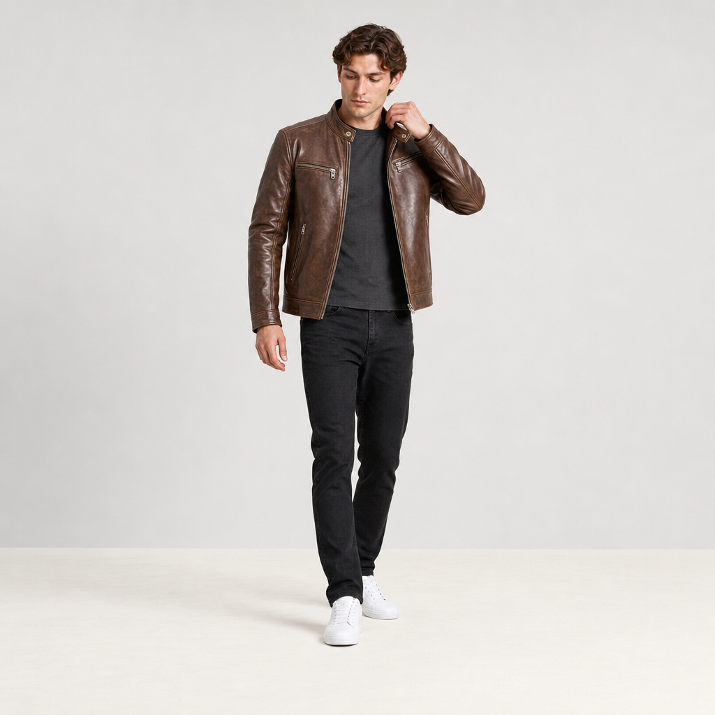 Veste cuir marron usée pose-03